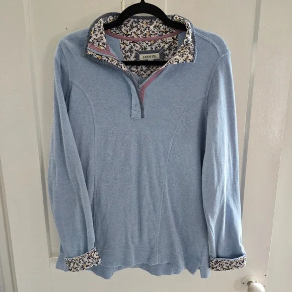 Orvis Womens Signature Floral Trim Quarter Zip Sweatshirt Blue, Size Med, Ribbed - Picture 1 of 13